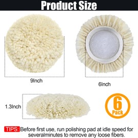 phepetroll 6 PCS Wool Buffing Polishing Pads - 6 Inch Natural Wool Cutting Pads With Hook and Loop Backing, Compound & Polishing for Automotive Car Boats Glass Furniture Body Repair