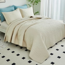 WINLIFE 100% Cotton Quilt Set Full/Queen 90x98 Inch Beige Summer Bedspread Super Soft Lightweight Matelasse Embroidery Floral Coverlets for All Season, 3 Piece (1 Quilt, 2 Pillow Shams)