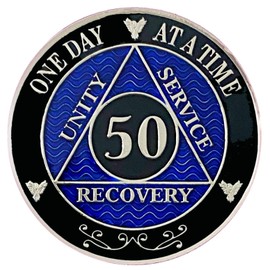 Simply Minimal 50 Year AA Silver Color Plated-Medallion, Alcoholics Anonymous Chip, AA Coin (AA Blue 50 Year Coin)