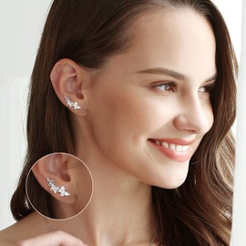 WINNICACA Ear Climbers Earrings for Women Sterling Silver Climber Earrings Created White Opal Ear Butterflies Crawler Earrings for Women Butterfly Stud Earrings for Women