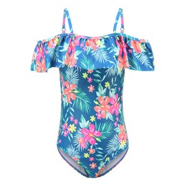 Aisyee Big Girls One Piece Bathing Suit Off Shoulder Swimsuits Kids Hawaiian Floral Swimwear Blue Size 16/14-16