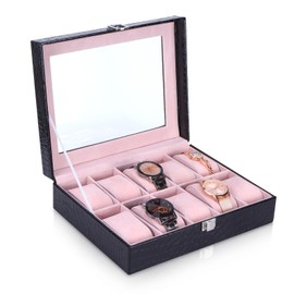 Watch Box Organizer for Women, Pink Watch Display Stand Watch Display Case Portable Jewelry Display Case 10 Slot Watch Case Crocodilian Pattern Watch Organizer Watches Storage Case