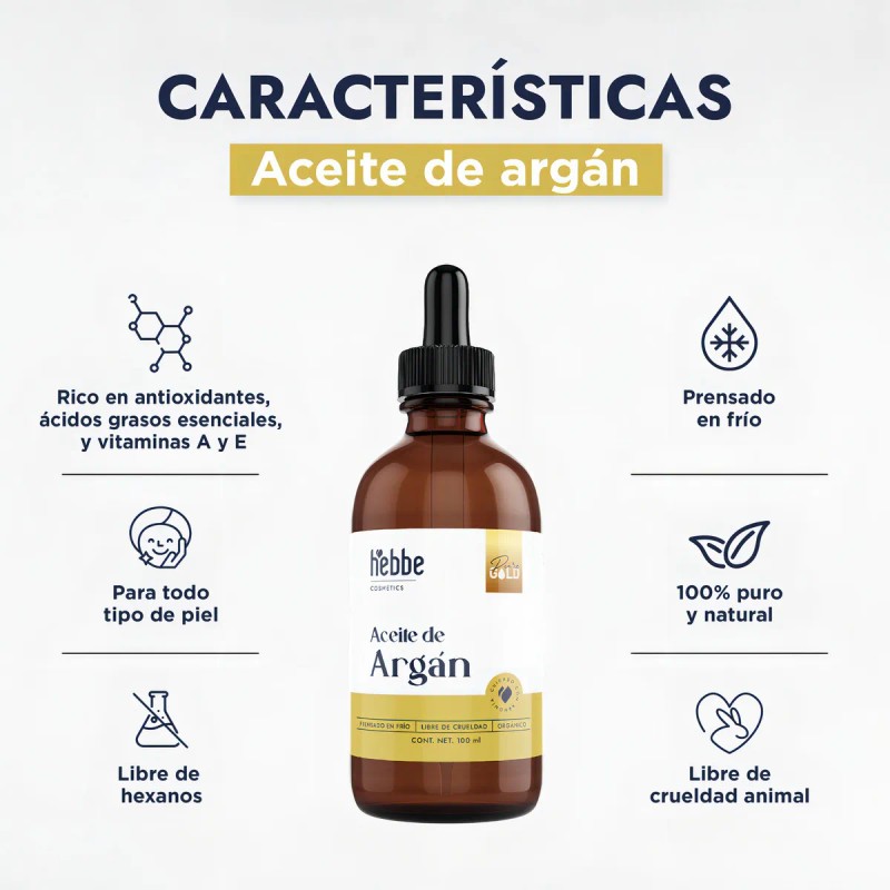 Aceite de Argán Puro Orgánico Hebbe Cosmetics 100ml Prensado en