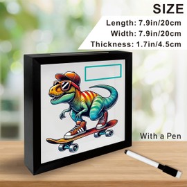 7.8 x 7.8 Inch Wooden Shadow Box Frame with Shelf Slot - Skating Rex - Dinosaur Money Savings Bank with Marker Pen, Coin Saving Box Piggy Banks, Birthday Gift for Families, Home & Office Decor - A08