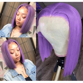 MYMYDA Short Purple Lace Front Bob Wig for Black Women Human Hair Pre Plucked 13X4X1 Middle T Part HD Transparent Glueless Colored Wigs 10 Inch