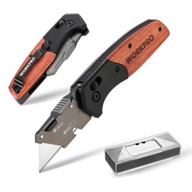 WORKPRO Folding Utility Knife, Razor Blade Knife with Axis Lock, Quick Change Box Cutter, EDC Wood Handle Foldable Pocket Cutter, Extra 10PC SK5 Blades Included