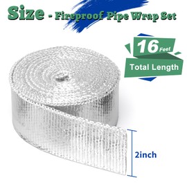 Wintcomfort Fireproof Pipe Wrap Insulation, 2"W X 16'L Heat Insulation Pipe Wrap, Fiberglass Heat Shield Tape Pipe for Stove Flue Protector, Anti-Scald Chimney Ribbon with 2 Stainless Clamps & 4 Ties