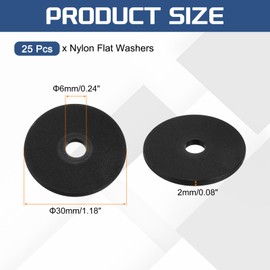 sourcing map 25Pcs M6 Nylon Flat Washers Plain Washer 6mm ID 30mm OD 2mm Thick Plastic Spacers for Screws Bolts Garden Faucet Plumbing Repair, Black