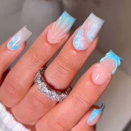 Jremg Blue French Tip Press on Nails Medium Square Fake Nails with 3D Design Blue White Gradient Coffin False Nails Glossy Summer Full Cover Glue on Nails Reusable Acrylic Nails for Women 24Pcs