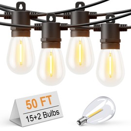 Svater Outdoor String Lights LED 50 FT, Patio Lights for Outside Waterproof IP65 with 15+2 pcs Shatterproof 1 Watt S14 Edison LED Bulbs, Dimmable Commercial Grade Hanging Light 2700K Warm White