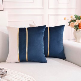 TAOSON Pack of 2 Navy Blue & Beige Velvet Throw Pillow Covers 18x18 Inch, Patchwork Cushion Covers with Gold Leather Accents, Luxury Modern Decorative Pillow Cases for Sofa Bedroom Living Room Car