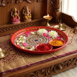 Tarini Gallery Pooja Thali with Bowls Puja Article for Aarti Rituals Essential Accessories Festivals Home Temple Office Wedding and Gifting (Red)