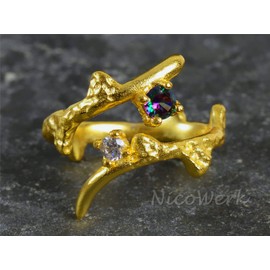 NicoWerk SRI794 Women's Silver Ring with Stone Made of 925 Sterling Silver Golden Uneben Asymmetrical Glatant Matt Zirconia Adjustable Open, Metal, Cubic Zirconia