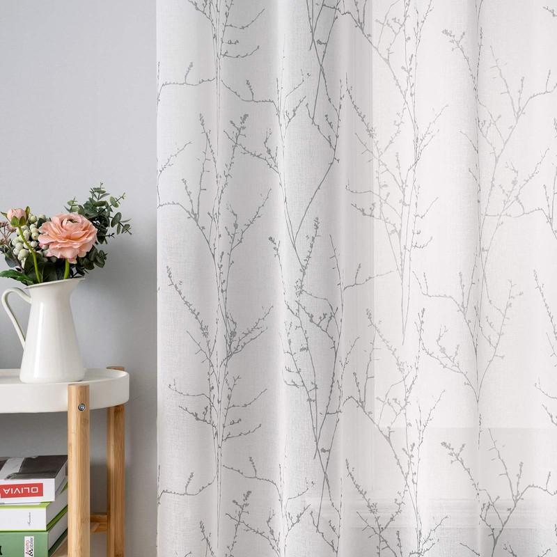 MIULEE Print Grey White Sheer Curtain 2 Panels for Bedroom