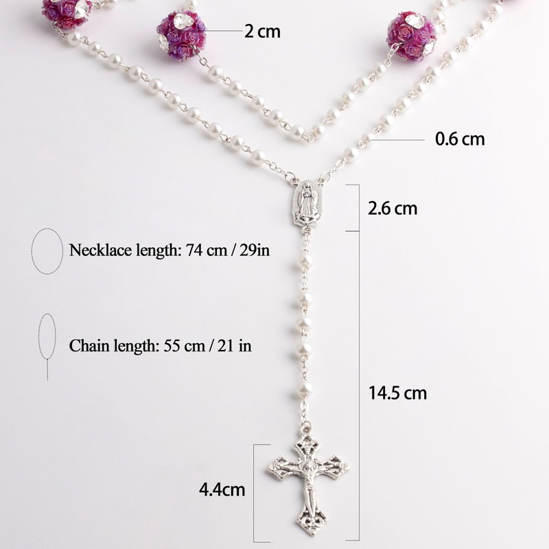 HELLOWIN Women 6mm Glass Pearl Rosary Beads Necklace Catholic Guadalupe