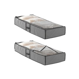 Under Bed Storage - Pack of 2 Under Bed Storage Containers for Clothes, Blankets, Winter Clothing, & Shoes - Under The Bed Storage with Handles, Dual Zippers, & Clear Top (Gray)