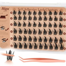 Higu clace Selbstklebende Wimpern,60pcs D Curl vorgeklebte Wimpern Set, Wimpernpinzette, kein Kleber und Entferner erforderlich, DIY falsche Wimpernbüschel zum Aufdrücken