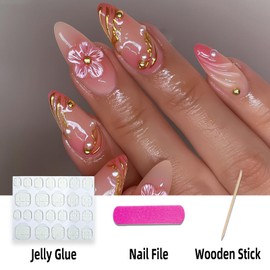 FNKFNK Pink Flowers Press on Nails Medium Almond Fake Nails with 3D Designs Glossy Pink Gradient Ripple False Nails Reusable Gold Line Glue on Nails for Women 24Pcs