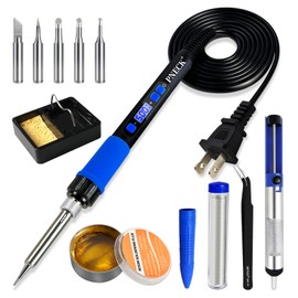 PNECK Soldering Iron Kit, 80W Soldering Iron Pen with Adjustable Temperature, LCD Display, ON/OFF Switch, 5 Tips, Solder Wire, Stand with Sponge, Pump, Paste, Tweezer, Blue