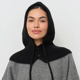 JFAN Balaclava Hood Womens Winter Hat Unisex Cashmere Knitted Beanie Hats with Drawstring Warm Hooded Scarf Hat Wind-Resistant Ski Cap Outdoor,Black