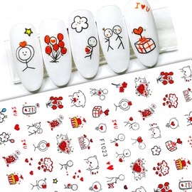 6 Sheets Valentines Nail Stickers, 3D Self-Adhesive Heart Nail Stickers, Love Rose Red Lips Valentines Nail Decals Designs for Women Nail Stickers for Nail Art