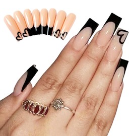 24 Pcs Black False Nails,French Press on Nails Pattern, Long Coffin Ballerina False Nails,Black French Arcylic Press On Fake Nails, Full coverage Glossy False Nails