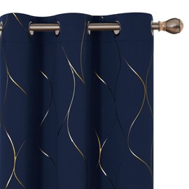 Deconovo Silver or Gold Wave Print Blackout Curtains - Thermal Insulated & Noise‑Reducing Grommet Drapes for Bedroom & Living Room，Navy Blue/Line，42W x 84L，2 Panels