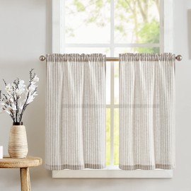 TOPICK Striped Panel Curtains, Linen Curtains with Stripes, Kitchen Curtain, Opaque, Short Kitchen Curtains for Kitchen, Dining Room, Bathroom, Small Window, 65 W x 60 H (cm) Grey on Beige