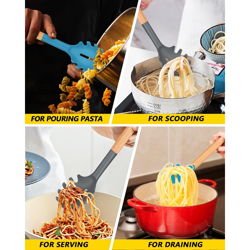 Pack of 2 Spaghetti Spoon, Silicone Pasta Fork with Wooden