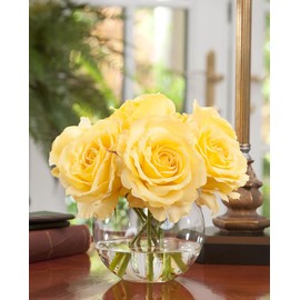PETALS - Rose Nosegay Silk Flower Arrangement - Yellow - Small Centerpiece or Accent - 8" Height x 8" Width