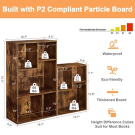 VECELO Wide 8-Cube Wood Organizer Bookcase Sets, Fits Tallest Hardcovers, 3-Tier Customized Storage Display Shelf, Free Standing for Living Room, Bedroom, Kids Room, Office, Brown