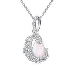925 Sterling Silver Feather Water-Drop Opal Pendant Necklace for Women Gift
