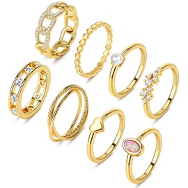 MJust 8Pcs 14K Gold Rings for Women-Triple Band Rings Danity Stackable Rings for Women Non-Tarnish Gold Rings Opal Heart CZ Fashion Stacking Rings Set Size 5-10(Size 8)