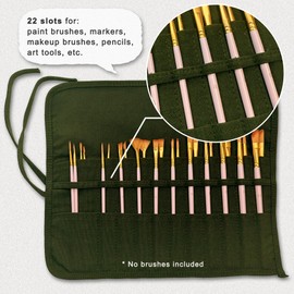 Life-Mate Roll Up Paint Brush Holder with 22 Slots 2 Ties in Canvas for Colored Pencils Watercolor Brush Pens Watercolor Paint in Green