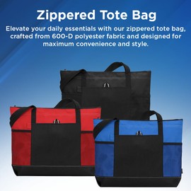 Gemline Red Zippered Tote Bag with 600-D Polyester Fabric, 29.5-Inch Shoulder Straps, Zippered Compartment, Front Pocket with Pen Loop, and Side Mesh Pockets