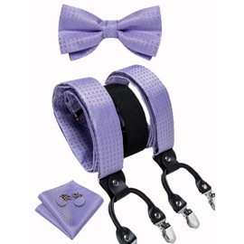 DiBanGu Conjunto de tirantes y pajarita morado claro para hombre, 6 clips en forma de Y, ajustables, resistentes, a cuadros color lavanda, y pajarita, juego de gemelos y pañuelo de bolsillo.