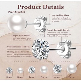 LOUMILEO 6 Pairs Sterling Silver Stud Earrings Set Hypoallergenic Small Pearl Stud Earrings for Women Tiny Cubic Zirconia Earrings Studs for Women Man 3-8MM