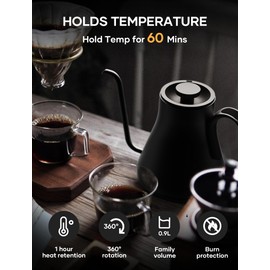 Cocinare Electric Gooseneck Kettle with Temperature Control, Pour Over Coffee & Tea, 1200W for 180-sec Quick Boil Time, Stainless Steel Kettle Water Boiler, 30oz/0.9L (Black)