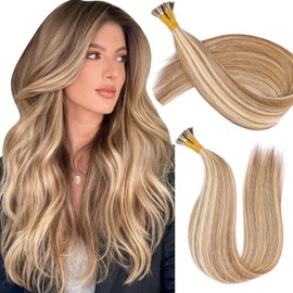 Eliysako Itip hair extensions human hair I tip #60/7 Chocolate Brown Mix Caramel Blonde 22inch 40G Ombre with Highlights Seamless Itips hair extensions real human hair Bonds Natural Look & Quality
