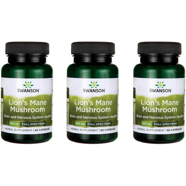 Swanson Lion's Mane Mushroom Memory Support Mental Focus Brain Booster Herbal Supplement Hericium Erinaceus (Mycelium Biomass) 500 mg 60 Capsules (3 Pack)