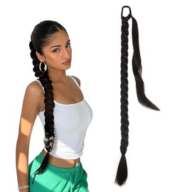prinfantasy Braiding Hair 33 Inch Long Braided Ponytail Extension with Hair Scrunchies Straight Hair Extensions Pony Tail DIY Natural High Temperature Synthetic Hairpiece for Women Black Hair, MW261