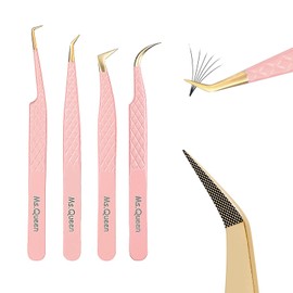 Ms.Queen - Pinzas de extensión de pestañas, agarre de diamante, 4 piezas, punta de fibra 45, 90 grados, para botas curvadas de volumen mega