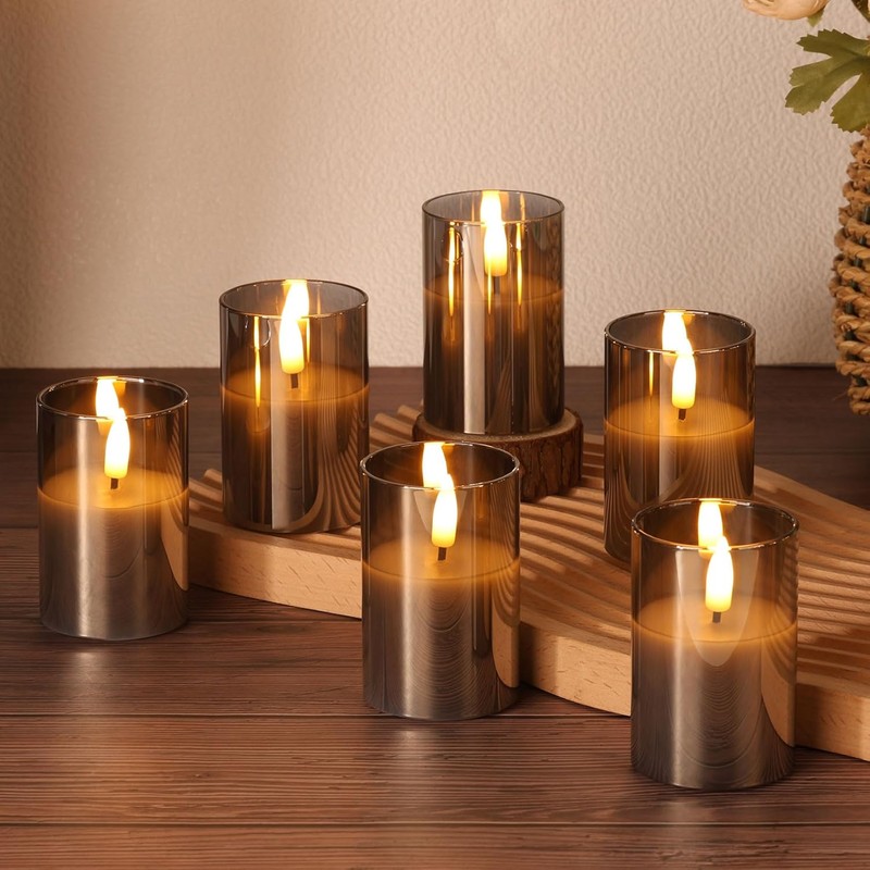 Grey Glass Flameless Votive Candles with Remote Timer, Real Wax