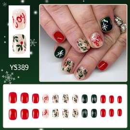 24Pcs Christmas Holly Press on Nails Short Square Xmas Fake Nails with Holly Snowflake Designs Christmas Nails Press ons False Nail Glossy Red Dark Green Stick on Nails Full Cover Artificial Nails