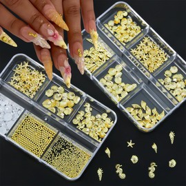 2 Boxes Summer Shell Nail Art Charms 3D Metal Mixed Shapes Gold Shell Seahorse Starfish Conch Alloy Nail Rivets with Flatback Pearls Nail Charms Summer Ocean Theme DIY Crafts Manicure Decoration