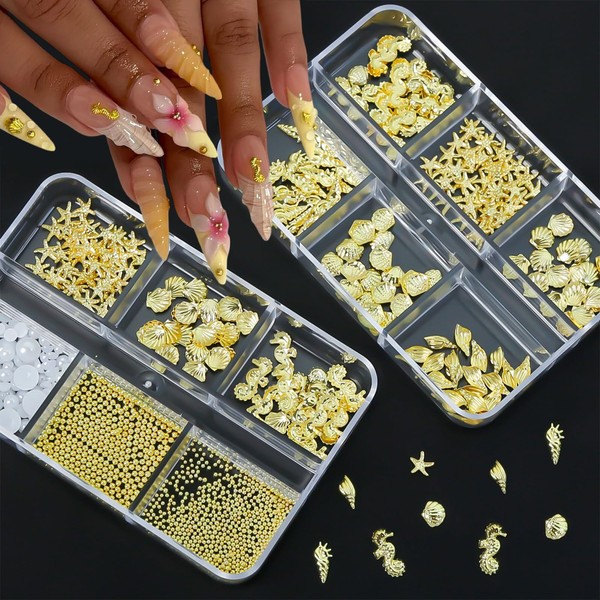 2 Boxes Summer Shell Nail Art Charms 3D Metal Mixed
