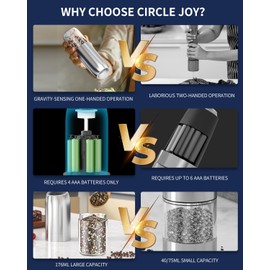 CIRCLE JOY Gravity Electric Salt and Pepper Grinder Set Battery Powered Stainless Steel Pepper Mill Grinder with 176ml Container, Adjustable Coarseness, Bright LED Light and One Hand Operation, Silver