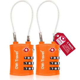 OW-Travel TSA Approved Luggage Locks (2 Pack) 3 Digit Heavy Duty Zinc Alloy Security Cable Padlock, Combination Padlocks, Code Lock for Suitcase, Zipper, Luggage, Bag, Case, Gym Locker (Orange)