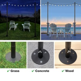 EXCELLO GLOBAL PRODUCTS Bistro String Light Poles - 2 Pack - Extends to 10 Feet - Universal Mounting Options Included