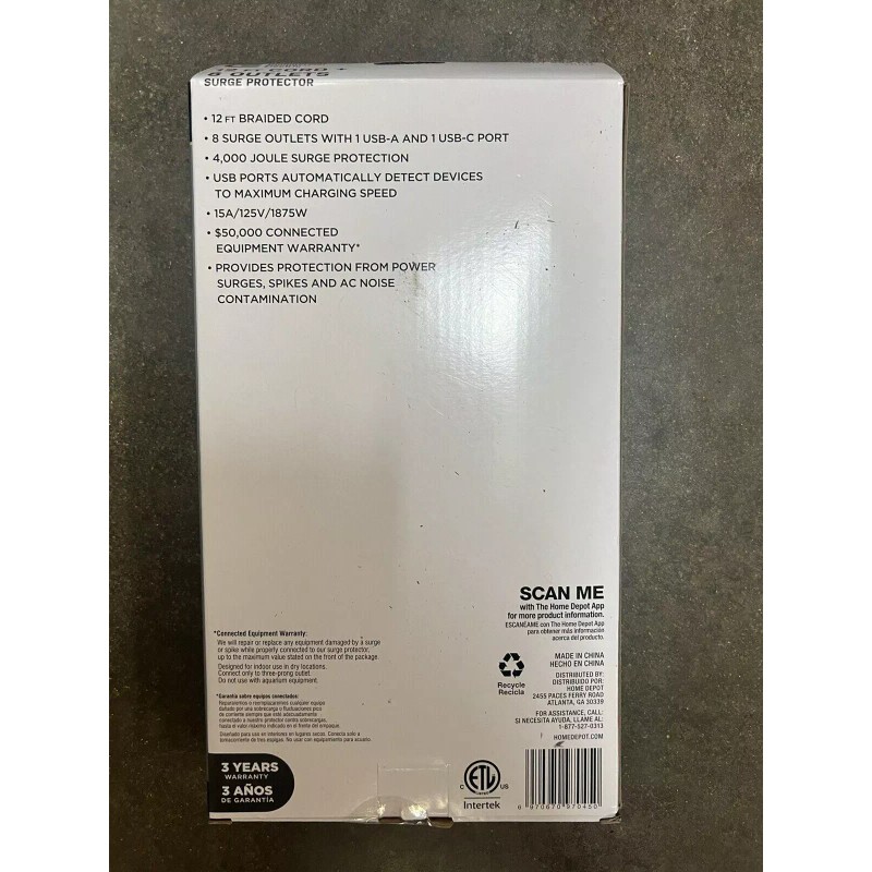 COMMERCIAL ELECTRIC 12 ft. Braided Cord 8-Outlet Surge Protector USB